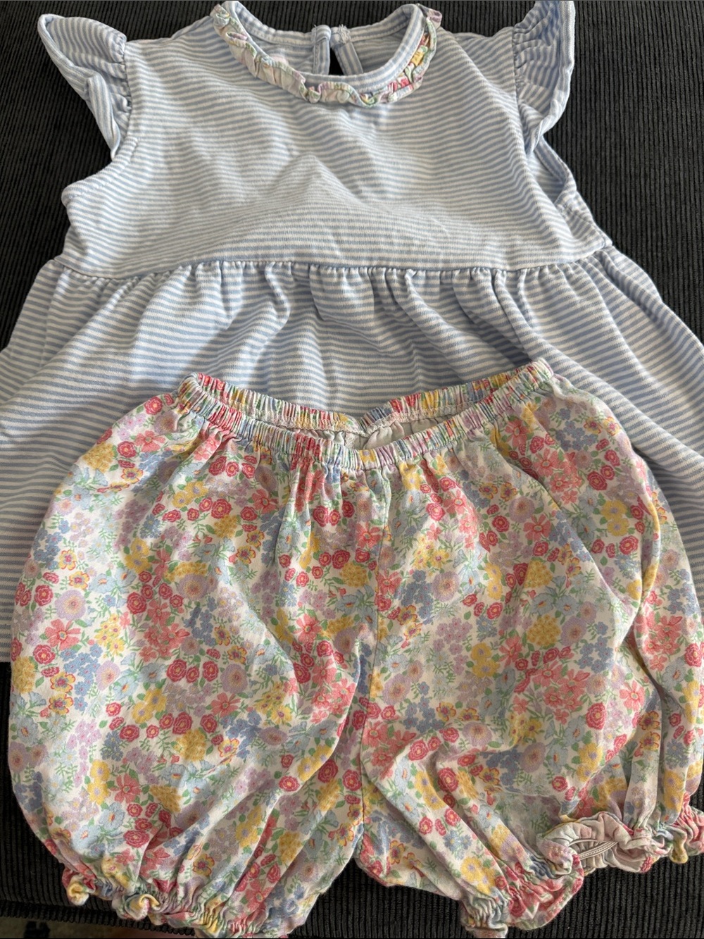 Girls' Light Blue Striped Top & Floral Bloom Shorts Matching Set